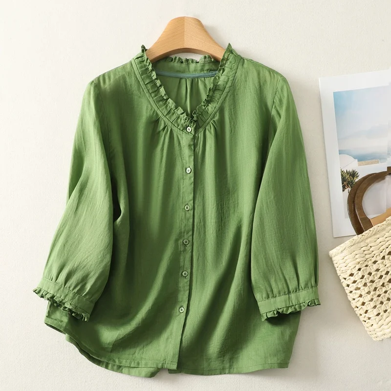 

Retro Artistic Pure Color Short Sleeve Shirt Women'S Collar Thin Summer Top Five-Point Sleeve Open Cardigan Cotton Polyester ...