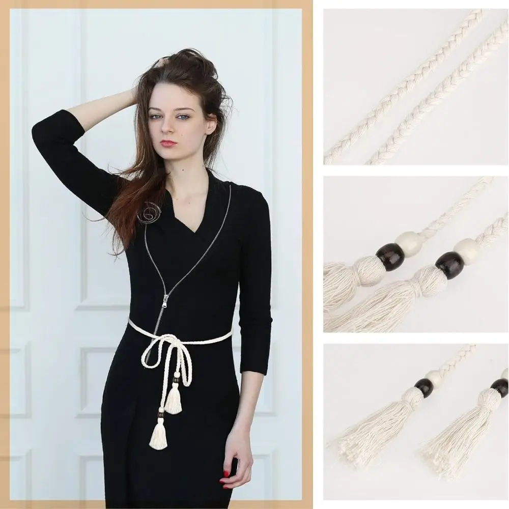 Women's Braided Knotted Waist Belt Trendy Boho Rope Chain Tie Waistband Decorative Tassel Dress Belt for Women Girls