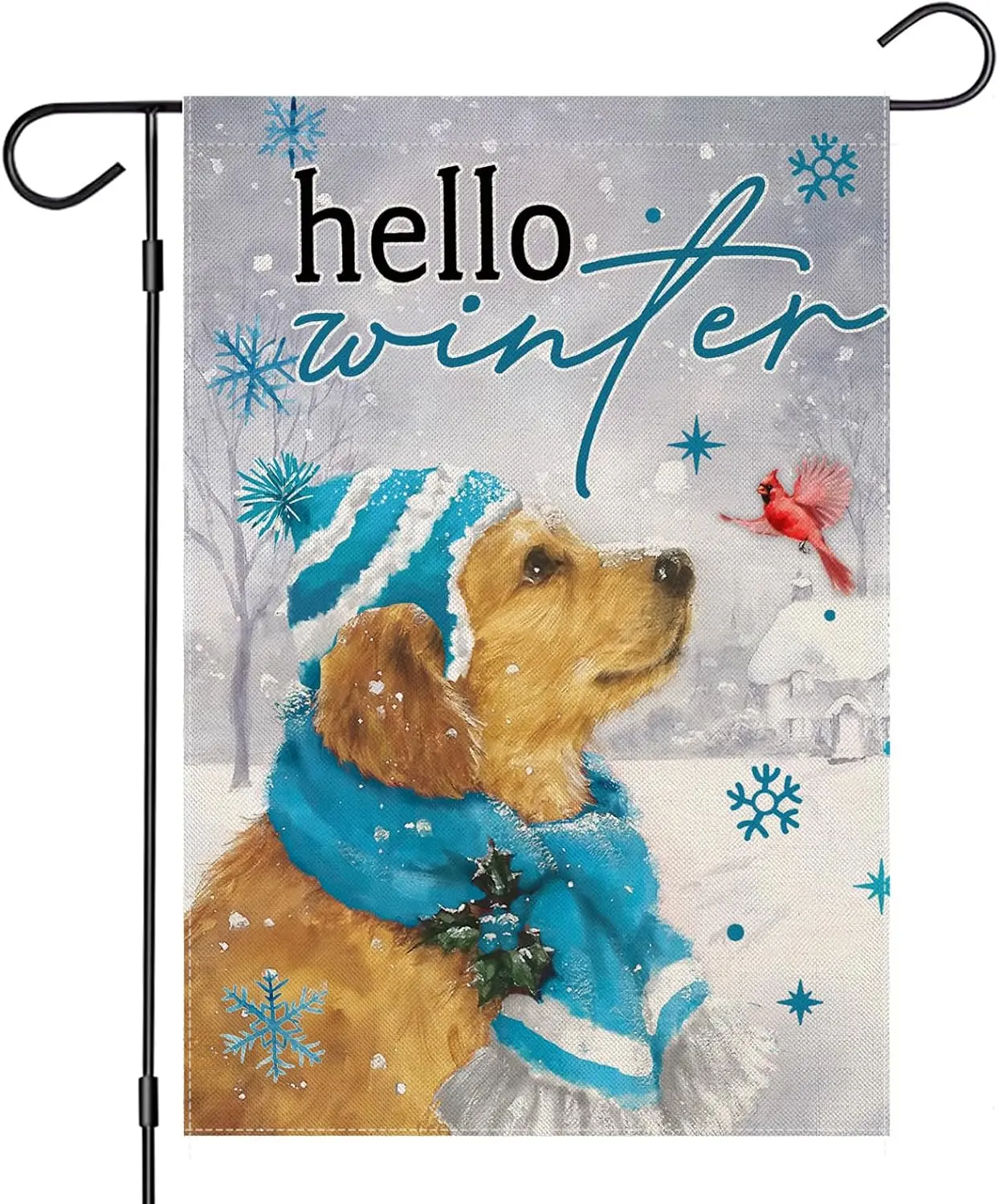 Hello Winter Garden Flags 12x18 Inch Vertical Double Sided, Dog Golden Retriever with Scarf Small Yard Outside Decorations, Chri