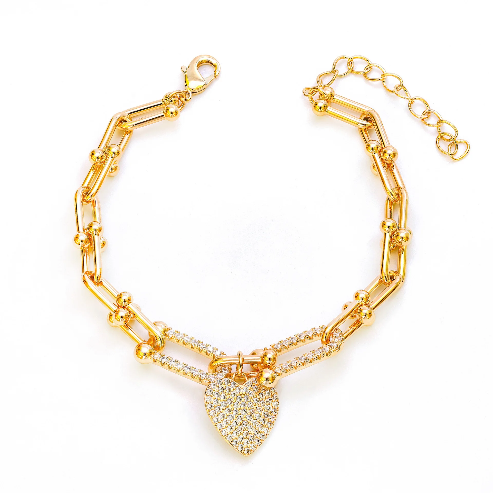 Fashion personality temperament cold wind Vachette clasp heart pendant delicate necklace bracelet gold-plated set zircon jewelle