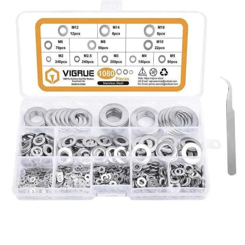 1080Pcs Stainless Steel Flat Washers Assortment Set Non Deformable Multi Size Screw Gaskets for Electrical Installation Works