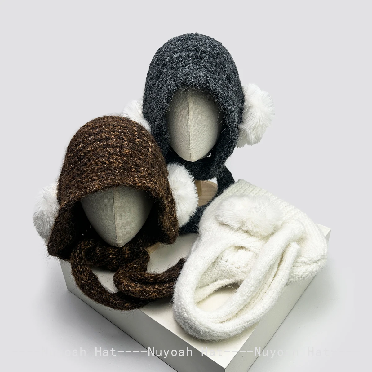 

New Women Plush Round Ball Windproof Straps Solid Knitted Hats Warm Korean Fashion Outdoor Beanies Simple Versatile Casual ins