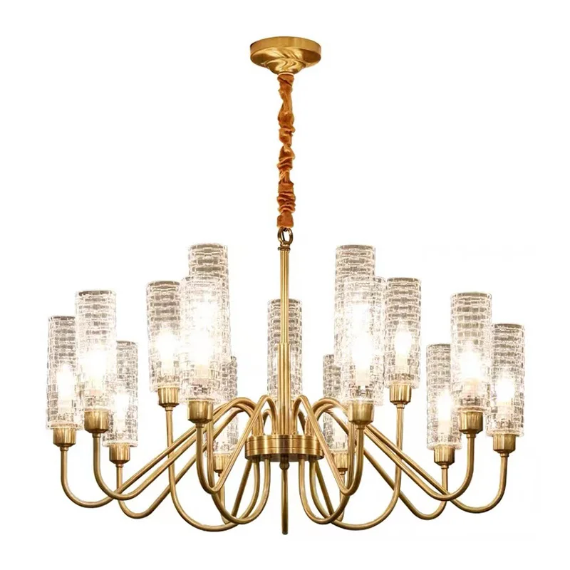 

New Classical Brass Chandeliers Lighting American Luxury Living Room Hotel Lobby Villa Interrior Decor Glass Suspendsion Lamps