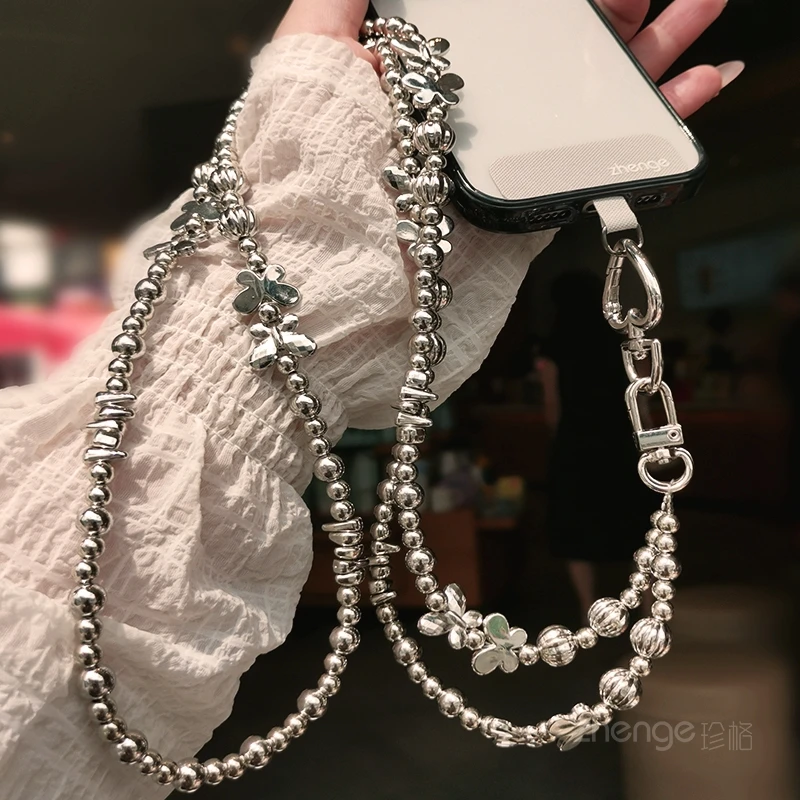 

Цепочка для мобильного телефона через плечо, женская посеребренная бусина-бабочка, уличная защита от потери, модный и высококачественный новый продукт