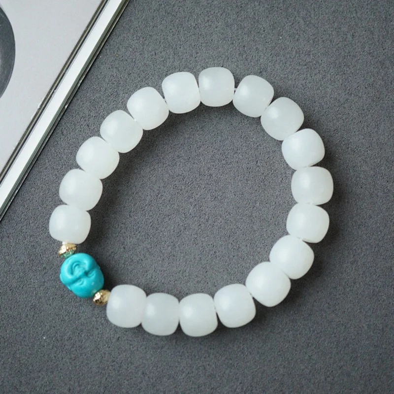 

Natural Hetian 9x10mm Old Style Bead White Jade with Turquoise Maitreya Buddha Bracelet