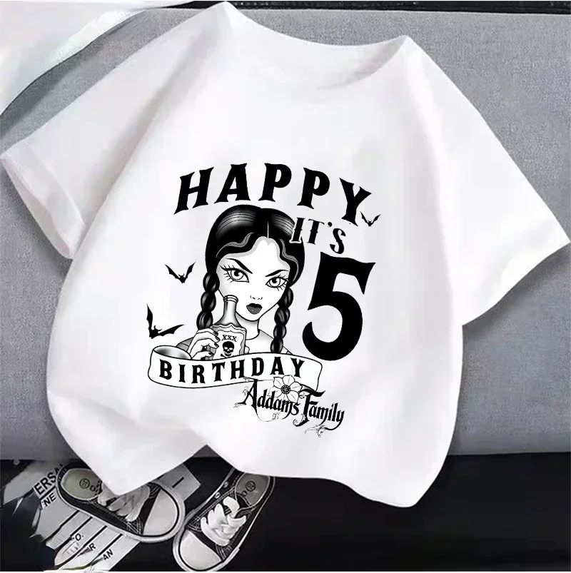 2024 Wednesday Addams Cartoon Children T Shirt Anime Summer Cotton T-shirt Girls 1-10 Years Birthday Clothing Kid Baby Top Tee