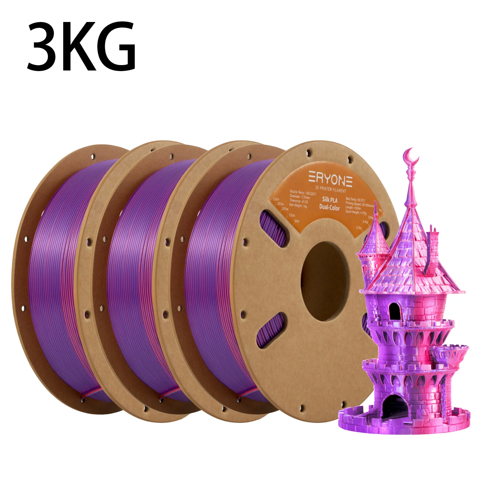 ERYONE 3KG PLA Dual Color Silk PLA Filament Compatibel met FDM 3D-printers 1KG 1,75 mm ±0,03 mm Perfecte spoelwikkeling 1kg spoel
