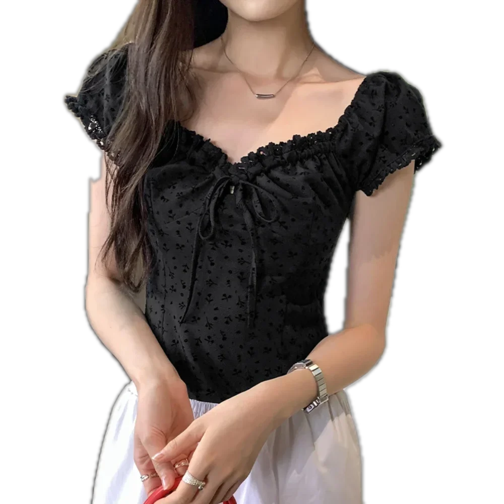 Women's French Sweet Style Black Eyelet Lace Puff Sleeve Crop Top Summer Tie Front Slim Fit Blouse