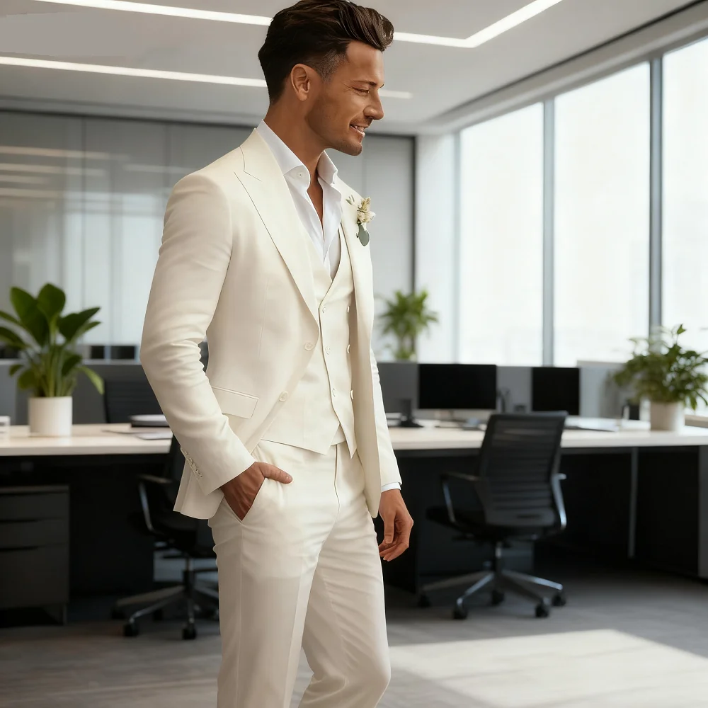 

Бежевый льняной терно для мужчин, летний свадебный костюм из трех предметов, настраиваемый приталенный мужской пиджак, праздничная одежда