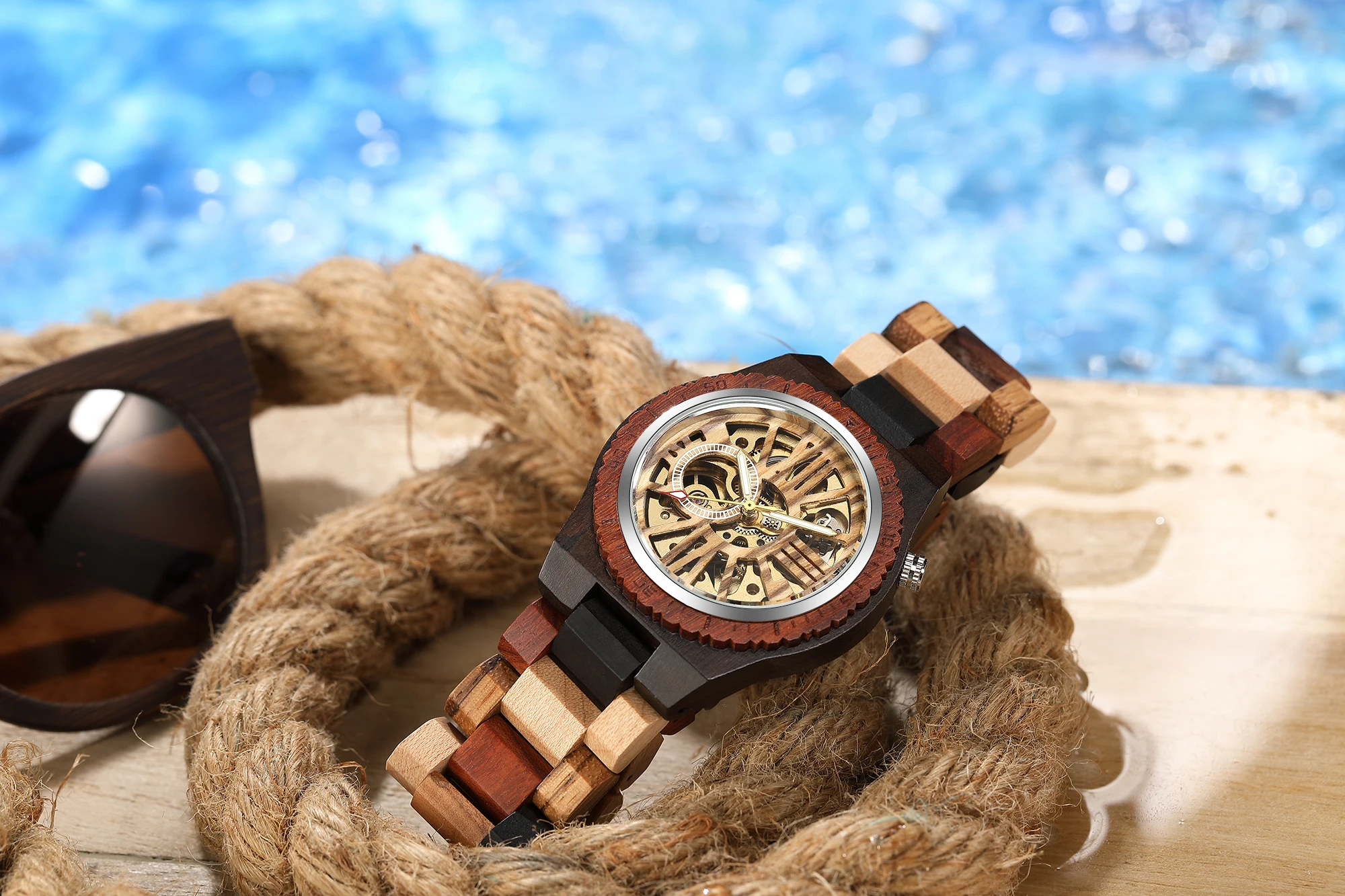 Top Brand Luxury Mens Watches Round Automatic Watch for Men Fashion Wood Clock Adjustable Wooden Braacelet Mechanical Wristwatch