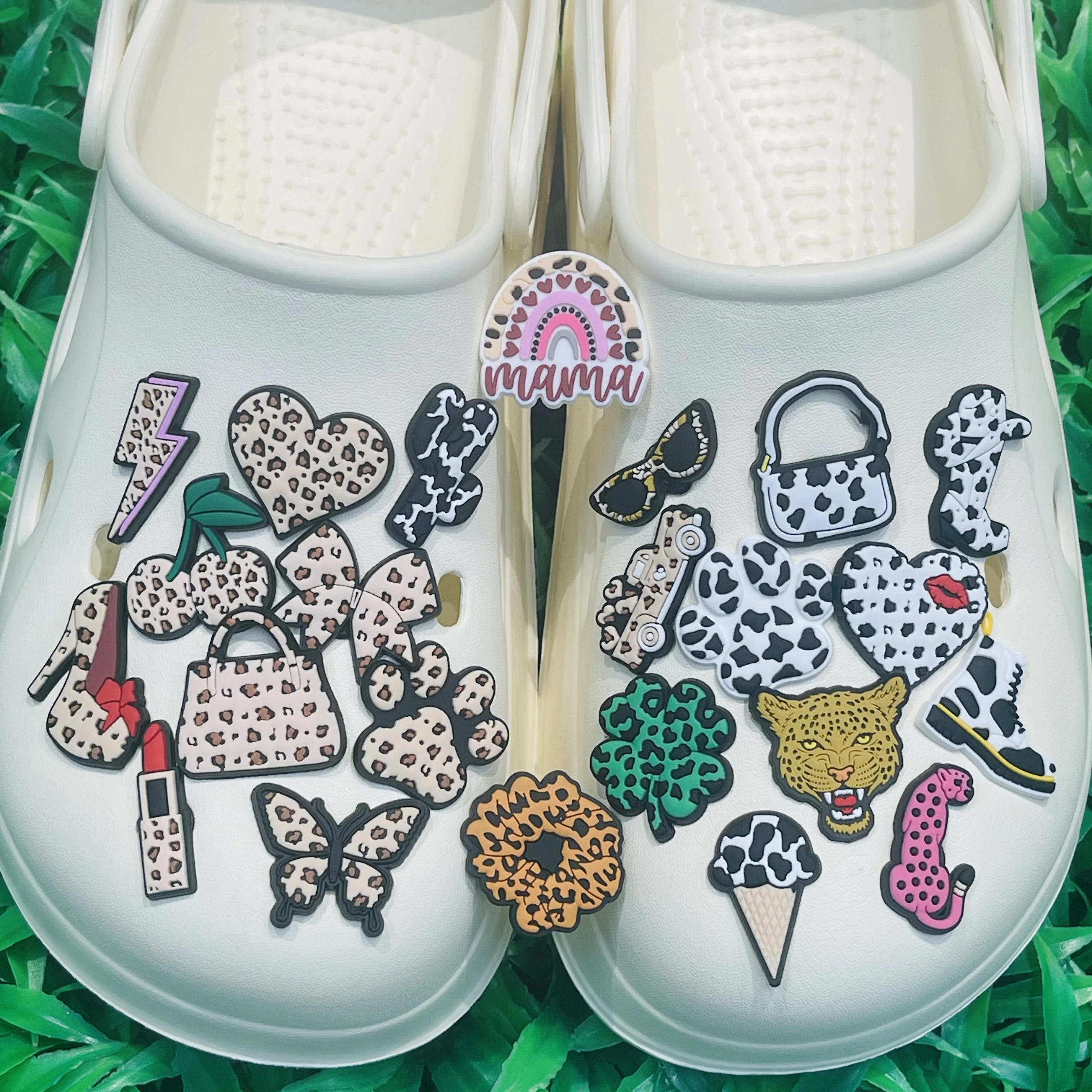 New 1pcs Leopard Print Boots Rainbow Bag Car Lightning PVC Shoe Charms Hole Slipper Accessories Decoration Bands Holiday Present