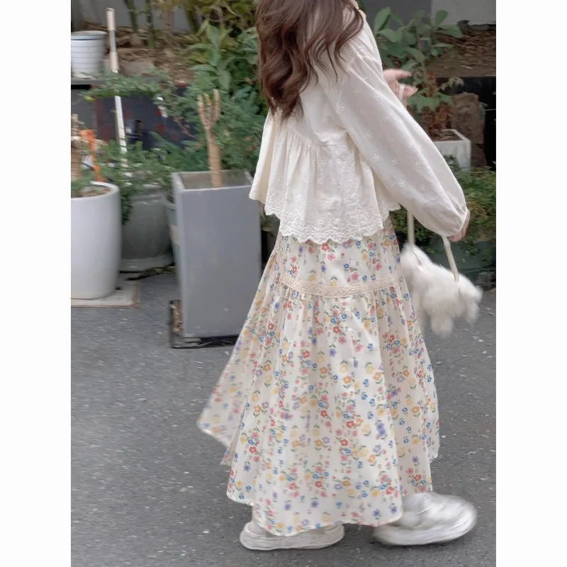 

Floral Gentle Lace Half-body Skirt Women New Sweet Summer Pastoral Style Vintage Temperament Mid-Length Skirt Loose Casual Skirt