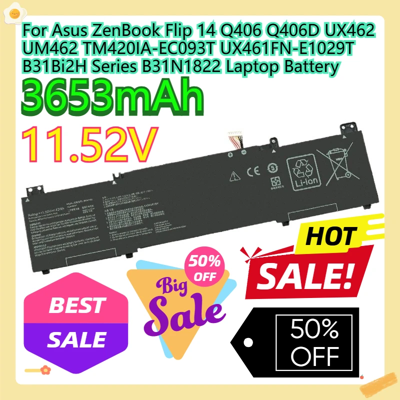 

For Asus ZenBook Flip 14 Q406 Q406D UX462 UM462 TM420IA-EC093T UX461FN-E1029T B31Bi2H Series B31N1822 Laptop Battery