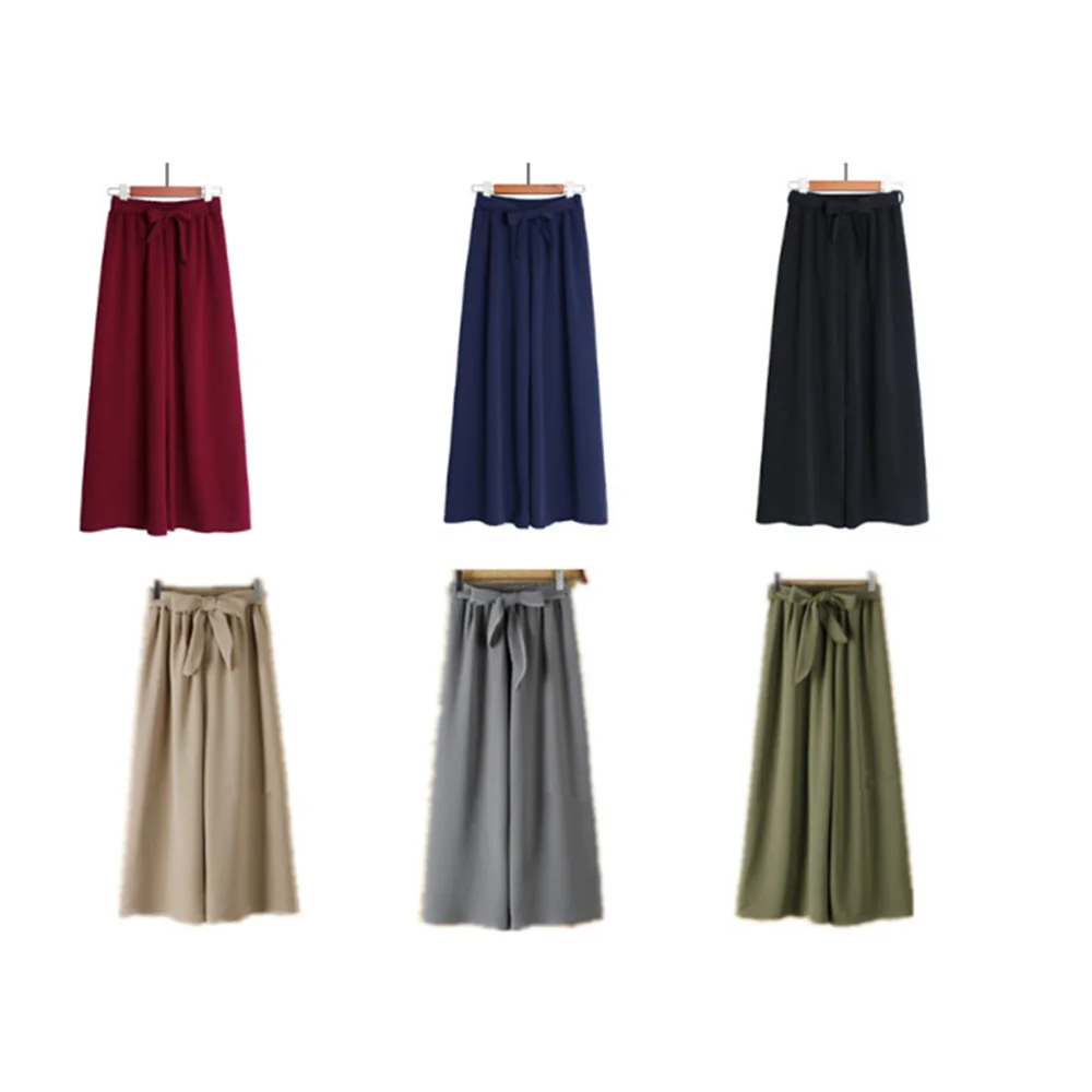 

2022 Women Casual Loose Wide Leg Pants summer Elastic Waist Capris Bow Tie Solid Ankle-Length Trousers