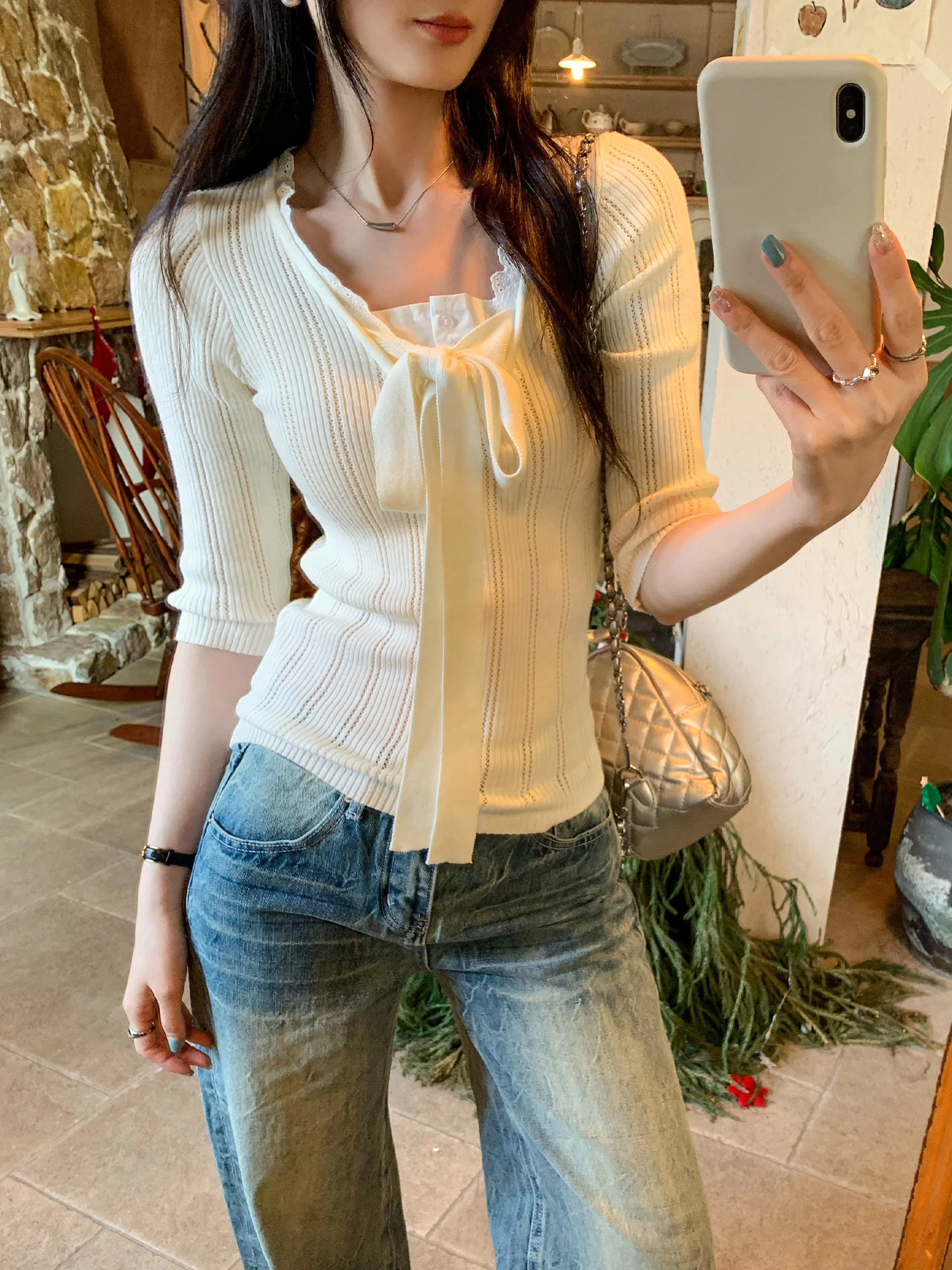 

2026 French Style Lace-Panelled Fake Two-Piece Knitwear Belt for Women Autumn Seven-Quarter Sleeve Base Shirt Pullover Slim