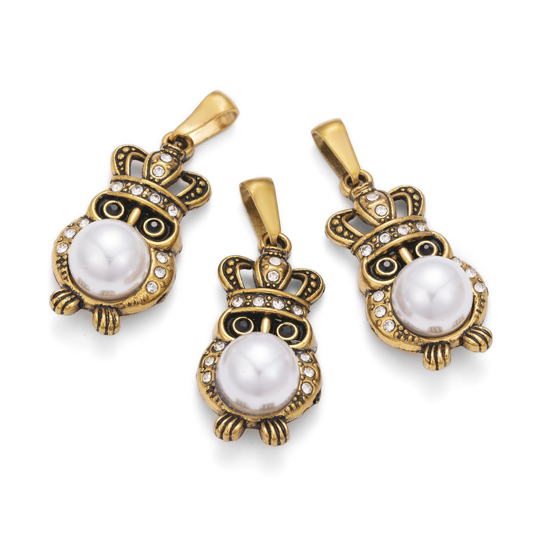 5pcs/Lot Cute Crown Owl Pearl Pendants Decoration Supplies for DIY Making Necklace Stainless Steel Charms Jewelry Accessories