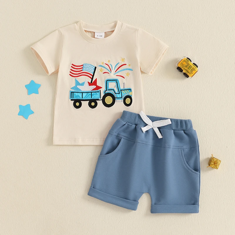 Summer Baby Toddler Boy 4th of July Outfit Set Short Sleeve Truck Embroidery T-Shirt Elastic Waist Shorts 2 Piece Outfits