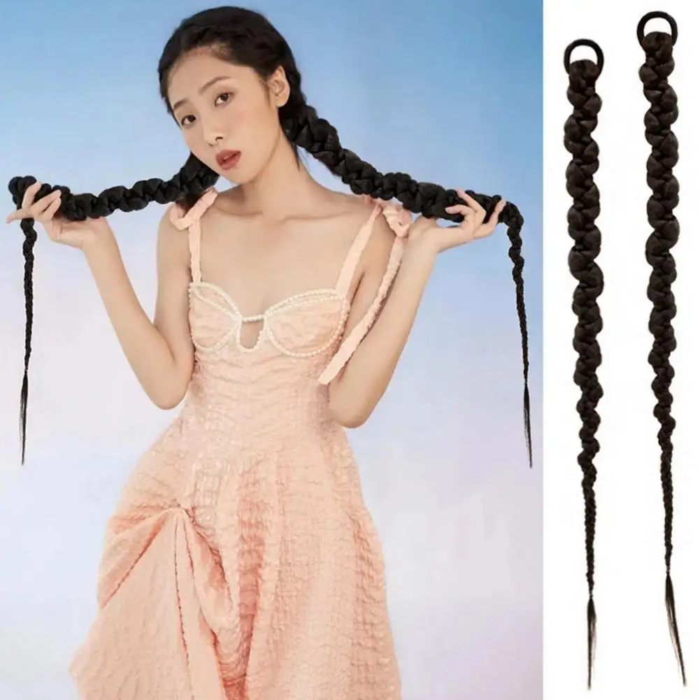 70cm Women Wig Realistic High Stretch Hairband Styling Increase-hair Volume Long Boxing Braid Pigtail Synthetic Black Wig Supply