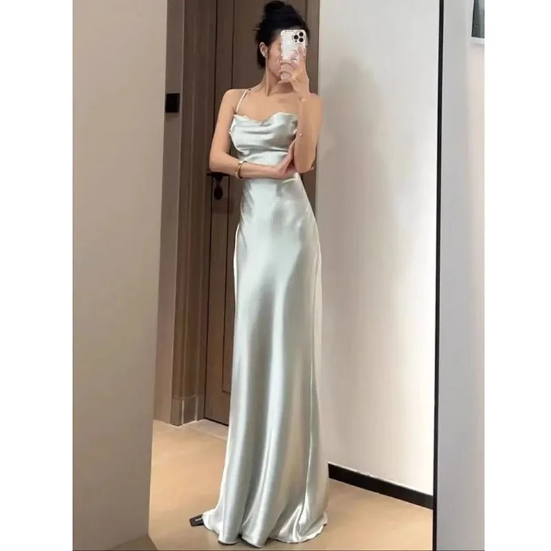Robe Maxi en Satin pour femmes, Sexy, bretelles Spaghetti, élégante, coupe cintrée, soirée, été, sans manches, moulante, longue