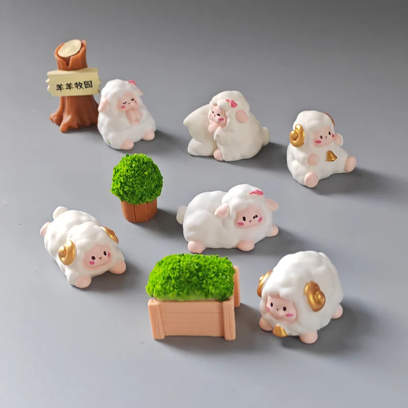 9 PCS 2024 Cartoon Kwaii Sheep Family Figurine Diy Landscape Home Cute Room Decor Miniature Fairy Garden Decor New Year Gift