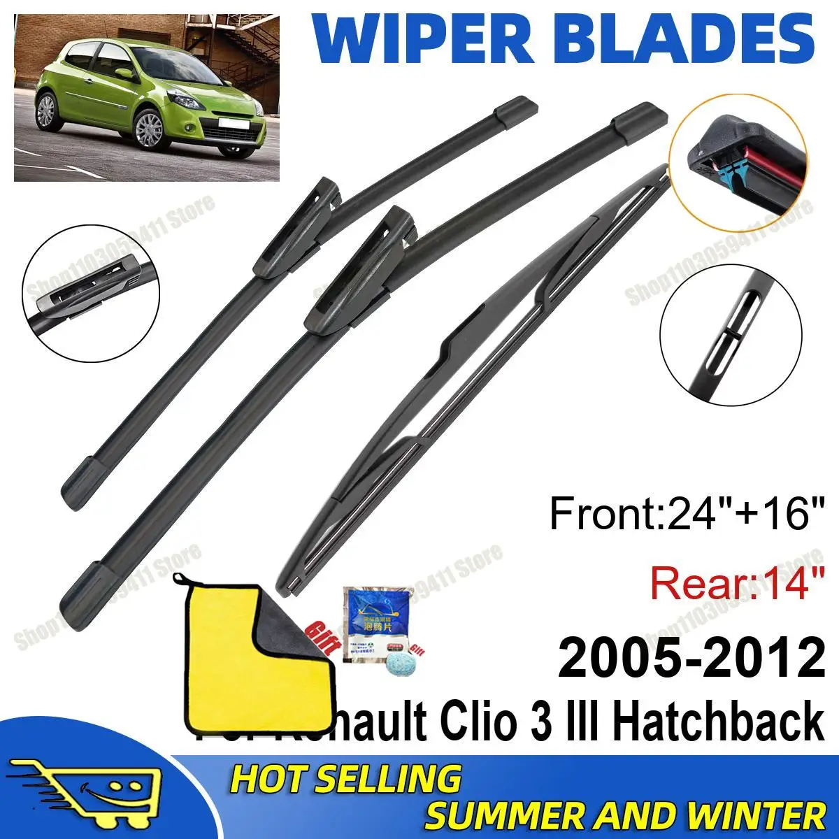 

3PCS For Renault Clio 3 III Hatchback 2005-2012 24" + 16"+ 14" Front Rear Wiper Blades Set Windshield Windscreen Car Accessories