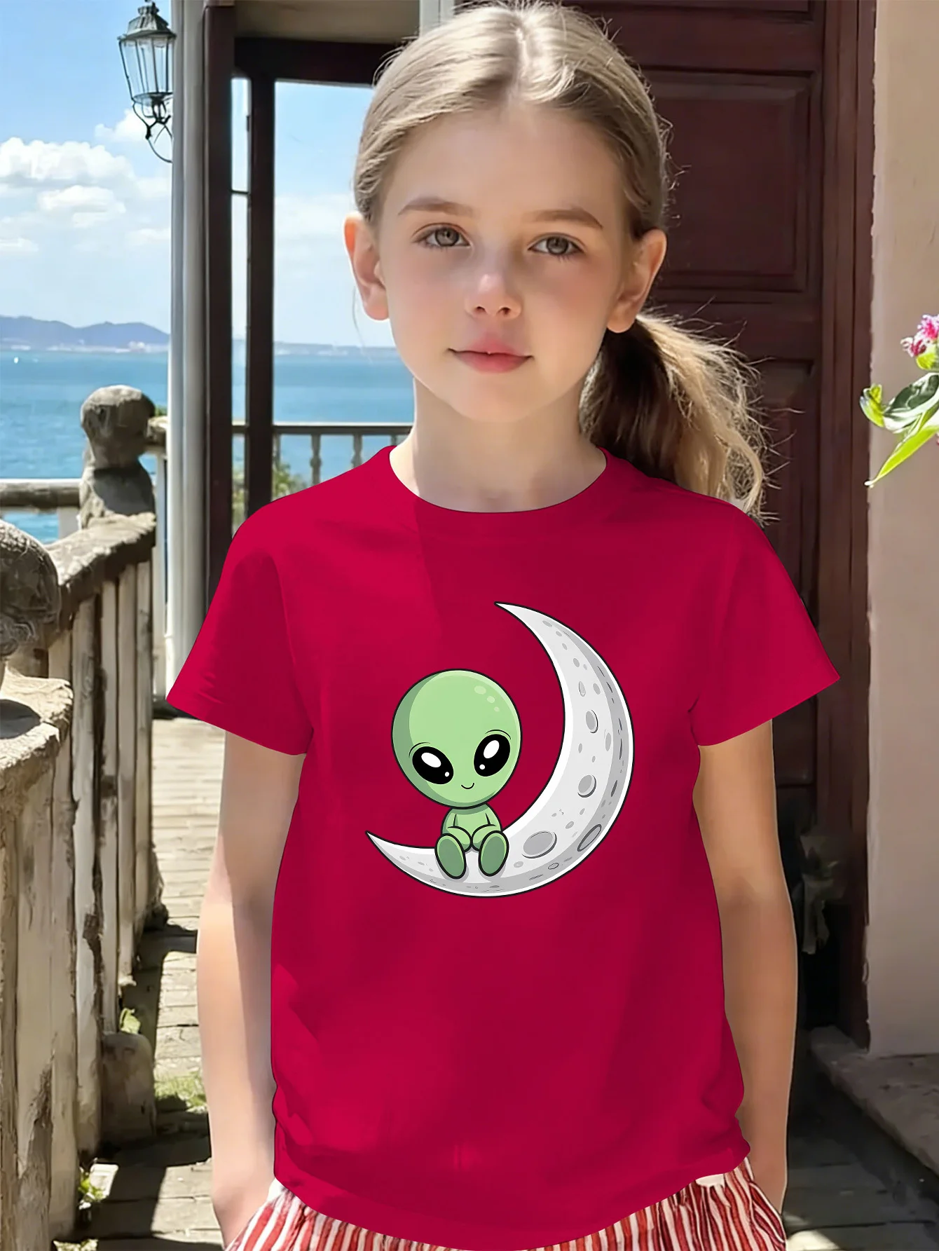 Cute Alien Crescent Moon Cartoon Kids T Shirt Boys Girls Short Sleeve Cotton Family Matching Toddler Daily Casual Tops