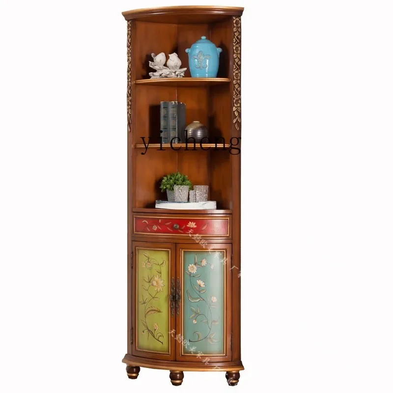

Chinese and American Style Hand-Painted Flowers Tripod Living Room Bedroom Corner Fan-Shaped Floor Wine Cupboard