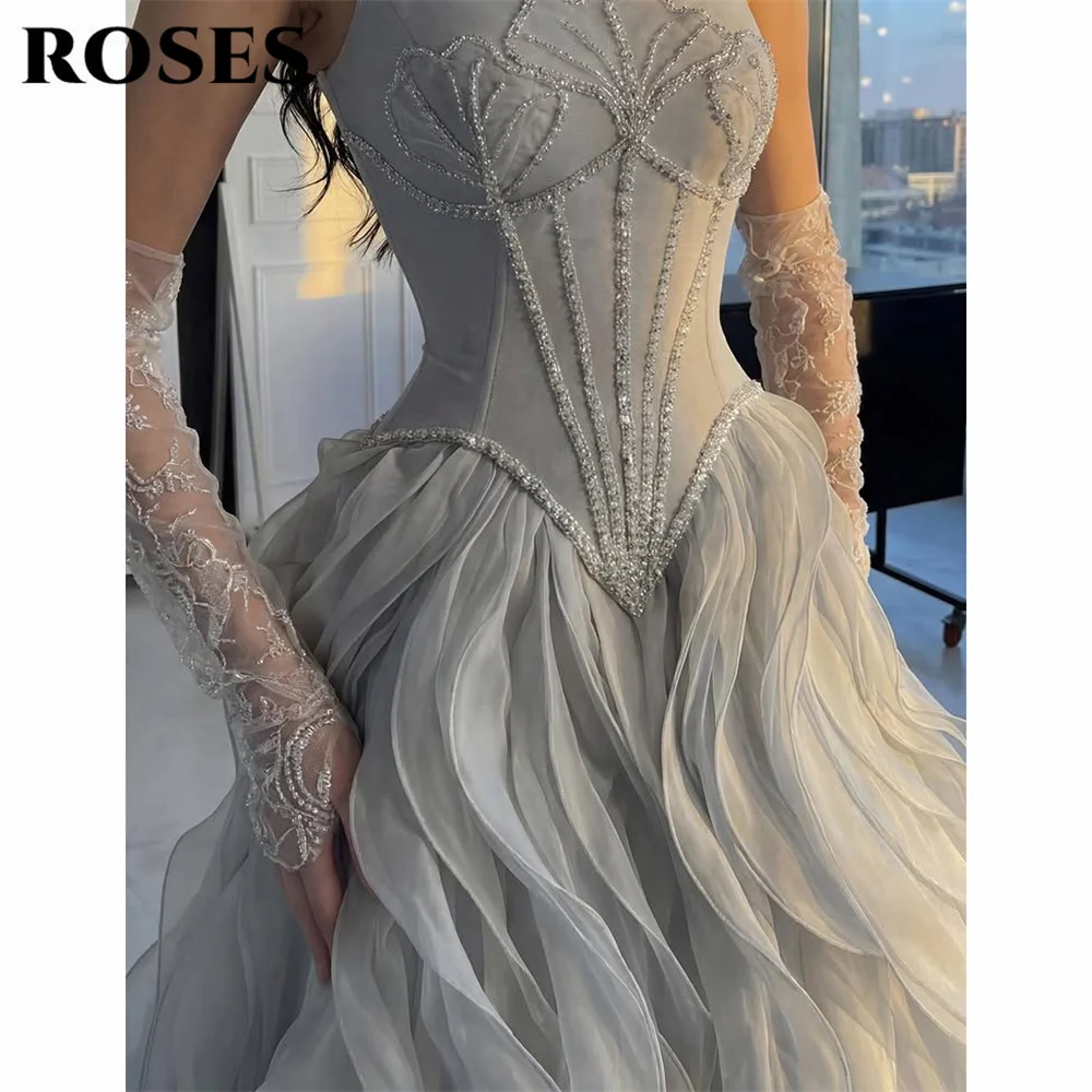 ROSES Silver Gray Evening Dress with Beaded Floral Embroidery Formal Gown Ruffled Organza Night Dresses Prom Dresses Customized image 4