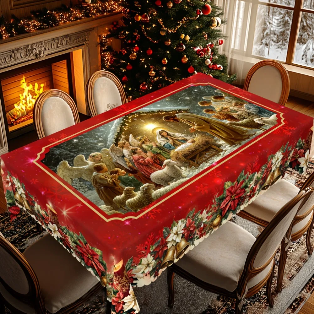 

Christmas-Themed Tablecloth Vintage Country Farmhouse Nativity Scene Pattern Design for Xmas Gatherings New Year Party Decor