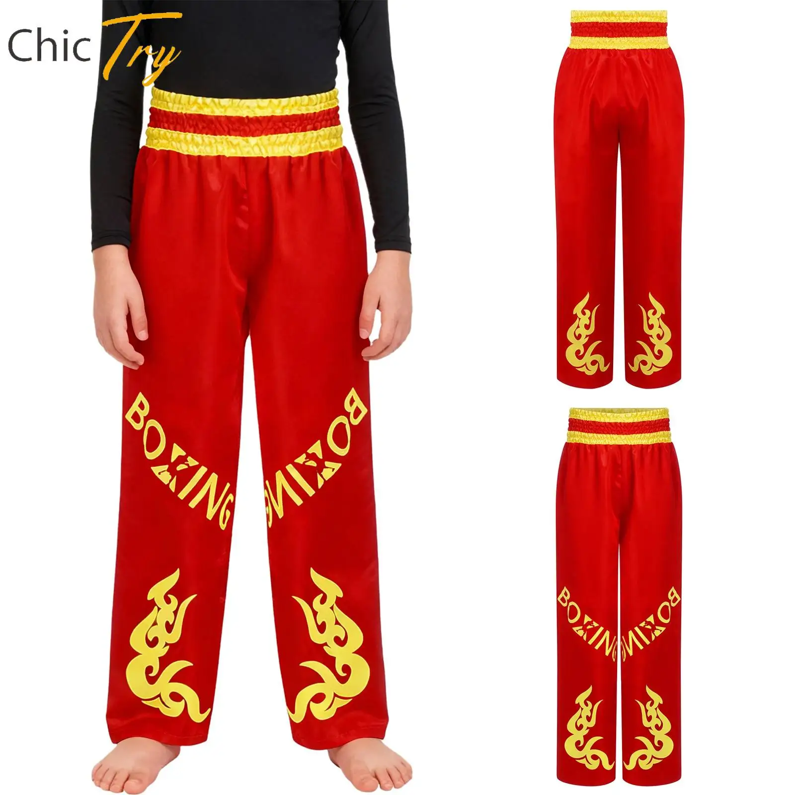 

Kids Boys Muay Thai Shorts Halloween Carnival Boxer Cosplay Costumes Satin Pants Stretchy Boxer Trousers Boxing Training Costume