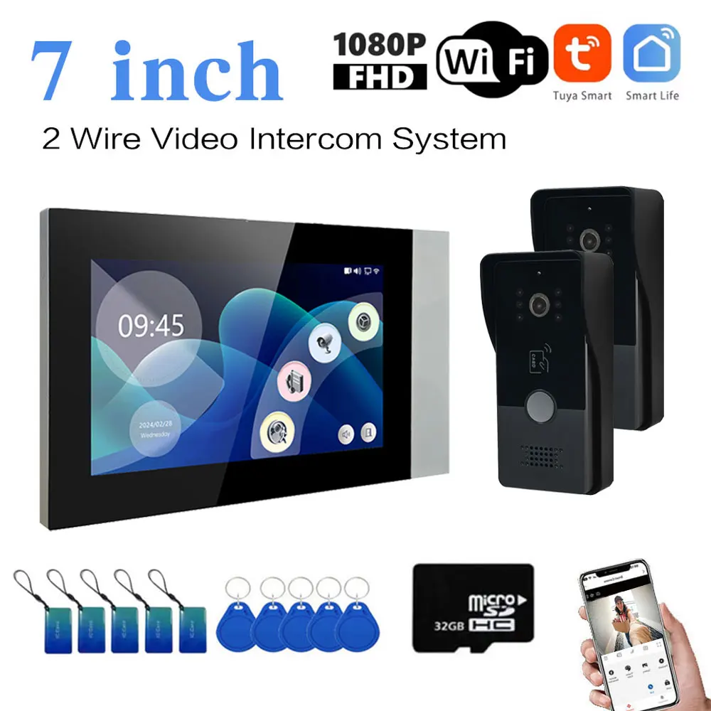 Two-Wire video Intercom System Tuya Wireless Wifi Video Intercom 1080P Video Doorphone 2PCS 7