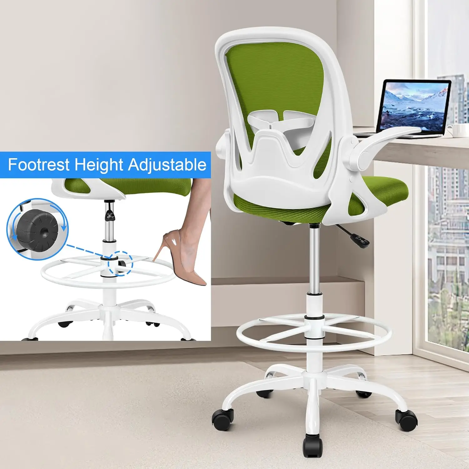 A high office chair with flip armrests for drawing, ergonomically designed computer upright office chair