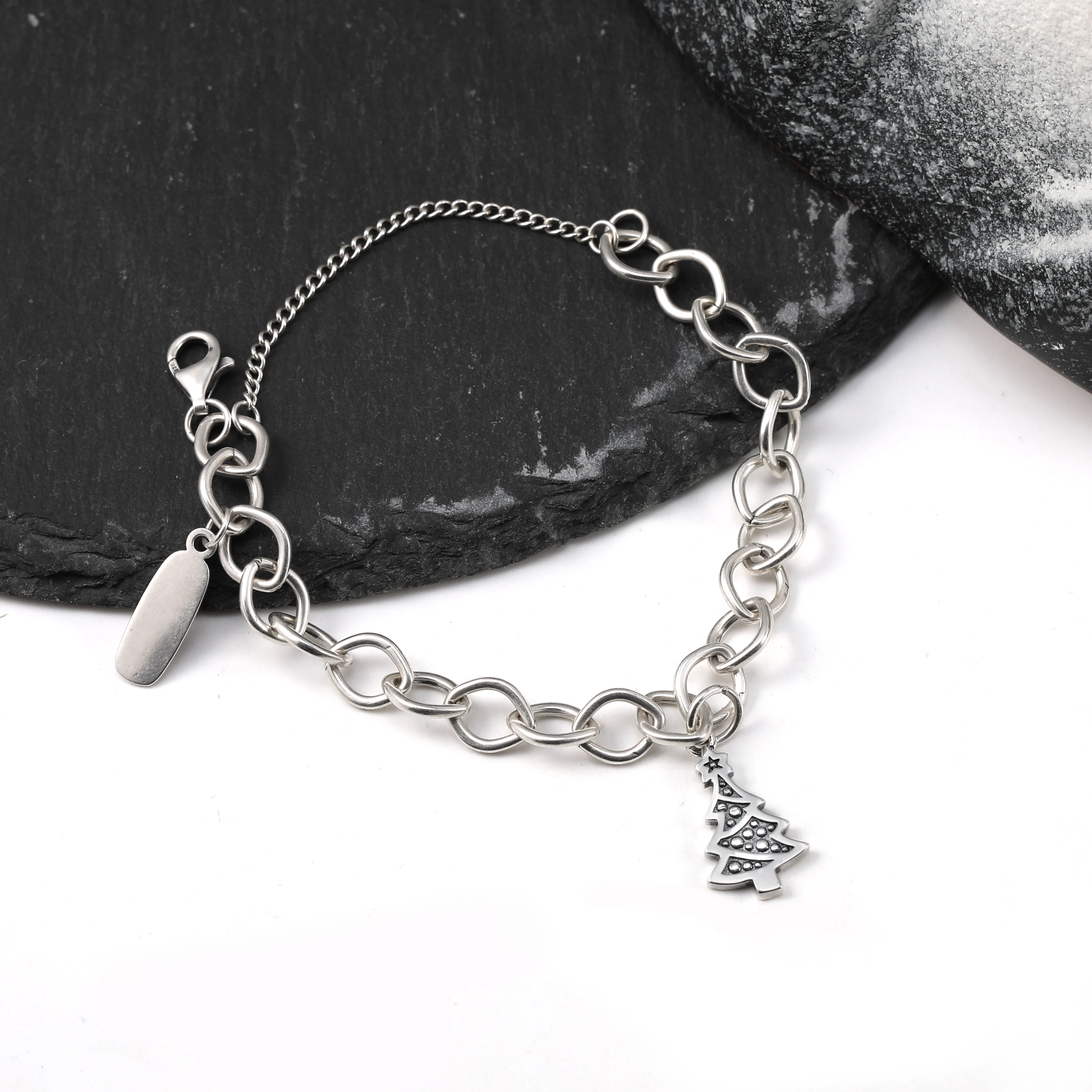 

Genuine 925 sterling silver Forged Link Charm Bracelet with decorative Christmas tree pendant