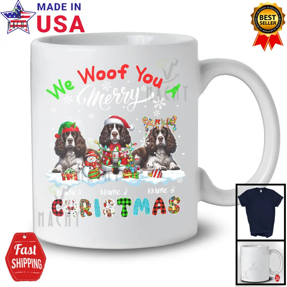 Woof Tu Feliz Navidad; Camiseta con nombre personalizado de espanielos Springer en inglés a cuadros