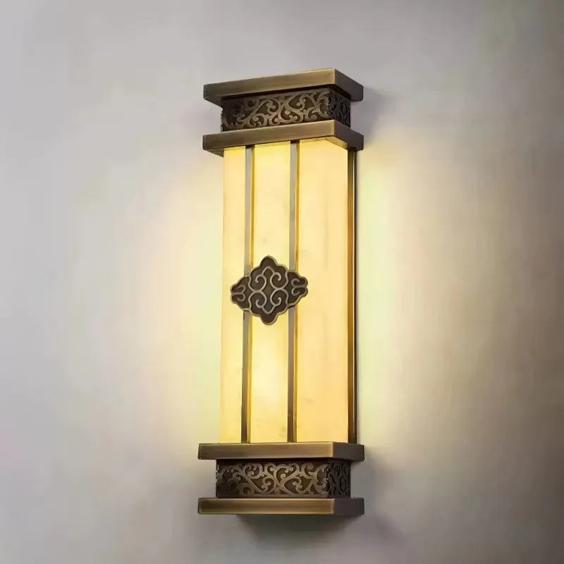 New Chinese Solar LED Wall Lamp with Natural Onyx Shade & Full Copper Body High-End Waterproof Outdoor Sconce for Living Room