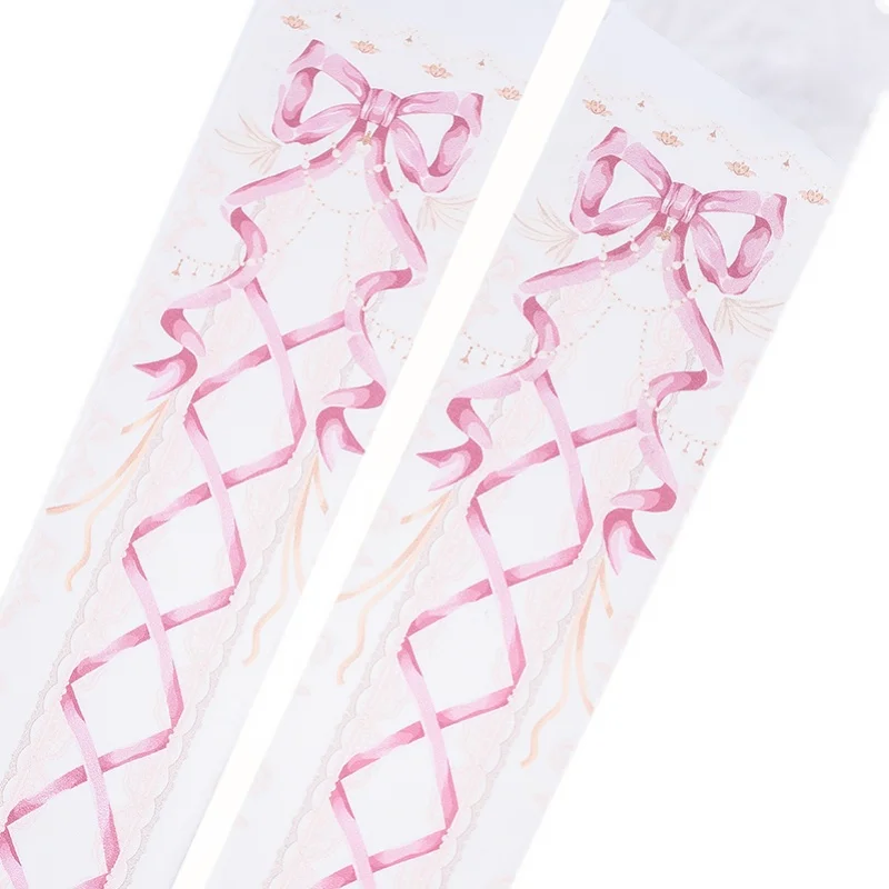 Japanese Sweetheart Girl Lolita Socks Women's Spring Summer Velvet Bow Ribbon Print Pantyhose Lolita Sweet Lo Socks for Women