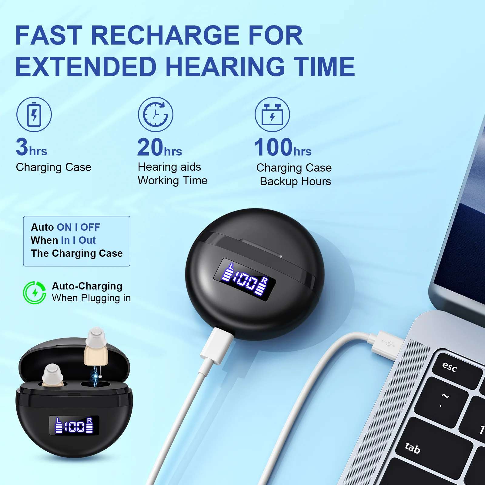 Mini In Ear Earphones Rechargeable Intelligent Noise Reduction Digital Display Screen Long Range Sound Amplifier for Elderly Use