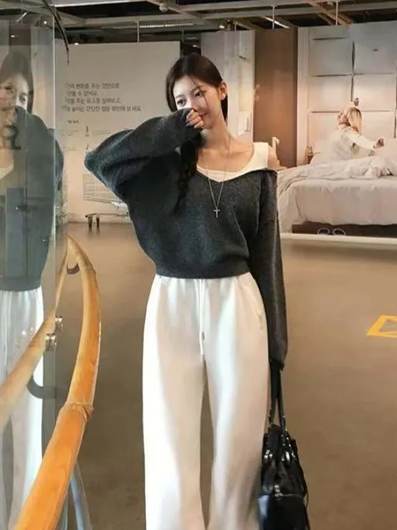 Chic Lazy Style Shoulder Bared Color Block Long Sleeve Knitted Top for Women Pure Desire Design Loose Fit Overhead Shirt
