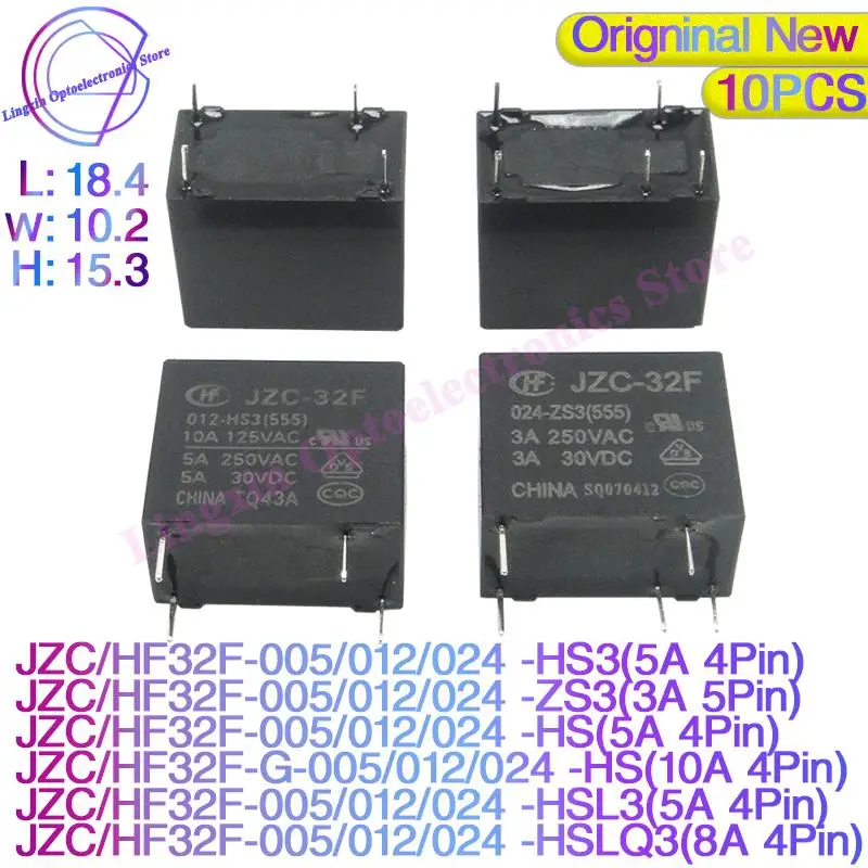 10 teile/los dc 5v 12v 24v relais jzc/hf32f-005/012/024vdc-hs3 zs3 hs 3a 5a 8a 10a 250vac 4pin 5pin JZC32F-012-HS3 HF32F-024-ZS3