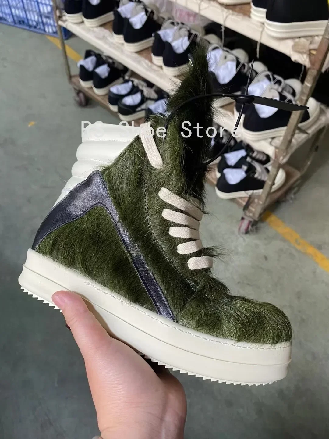 

Ro Classic Men Ankle Boot Army Green Horsehair Boots Women Sneaker Horse Hair High Top Shoe Casual Shoes Zipper Sneakers