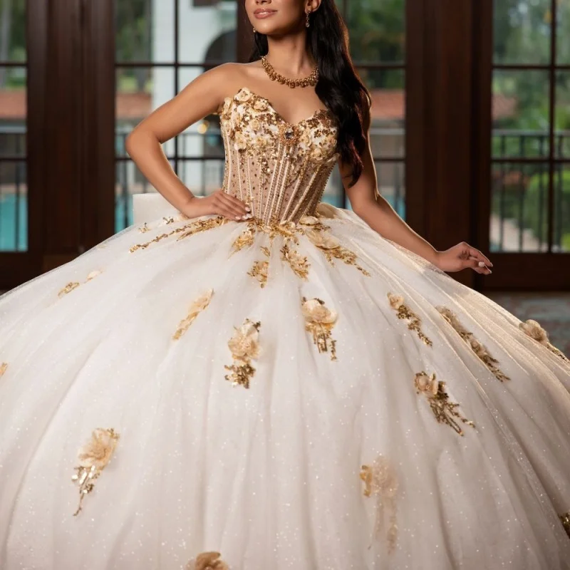 

Light Champagne Quinceanera Dresses Off the Shoulder Glitter 3D Flower Decal Long tail Bow Vestidoe 15 Quinceanera Customize