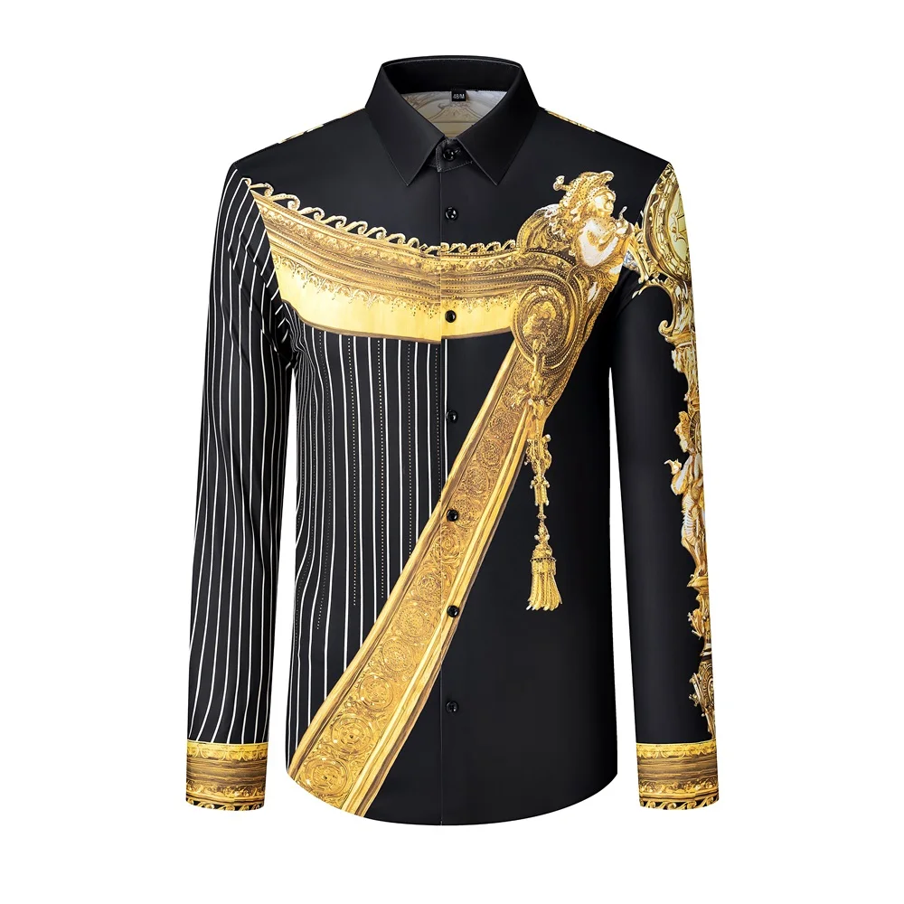 

Luxury Retro Gold Rhinestone Shirt Men Brand Long Sleeve Casual Shirts Slim Fit Business Social Banquet Formal Dress Shirt M-5XL