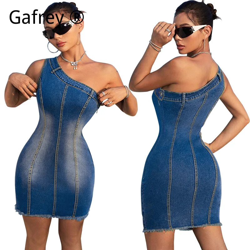 

1XL 5XL Plus Size Denim Dress One Shoulder Sleeveless Fringe Tassels Jean Dress Collarless Asymmetric Boho Party Clubwear Summer