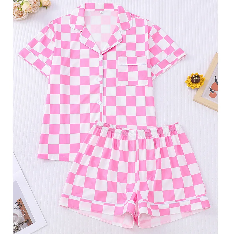 Classic Plaid Women‘s Soft Cotton Pajama Set, Button-Front Cardigan Short Sleeve & Shorts Relaxed Fit, Breathable Lightweight Su
