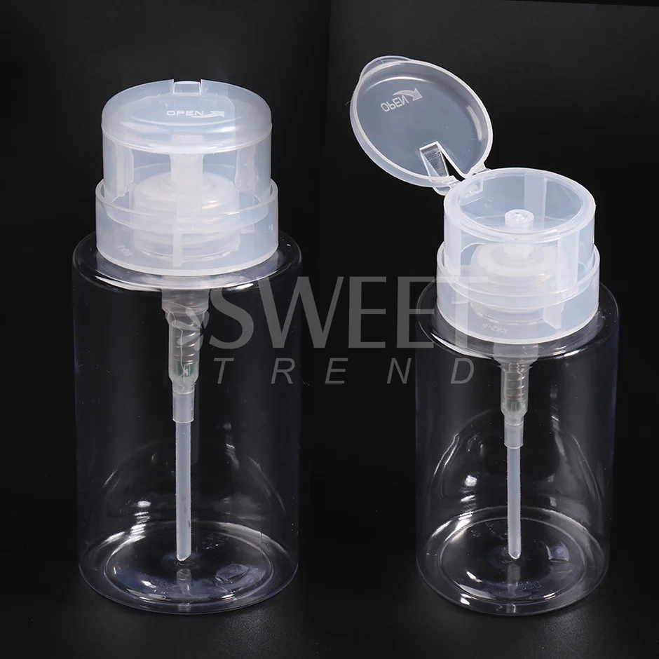 200ml Transparent Empty Press Pumping Bottle Plastic Reusable Nail Polish Remover Alcohol Liquid Dispenser Cleaner Tool Supplies