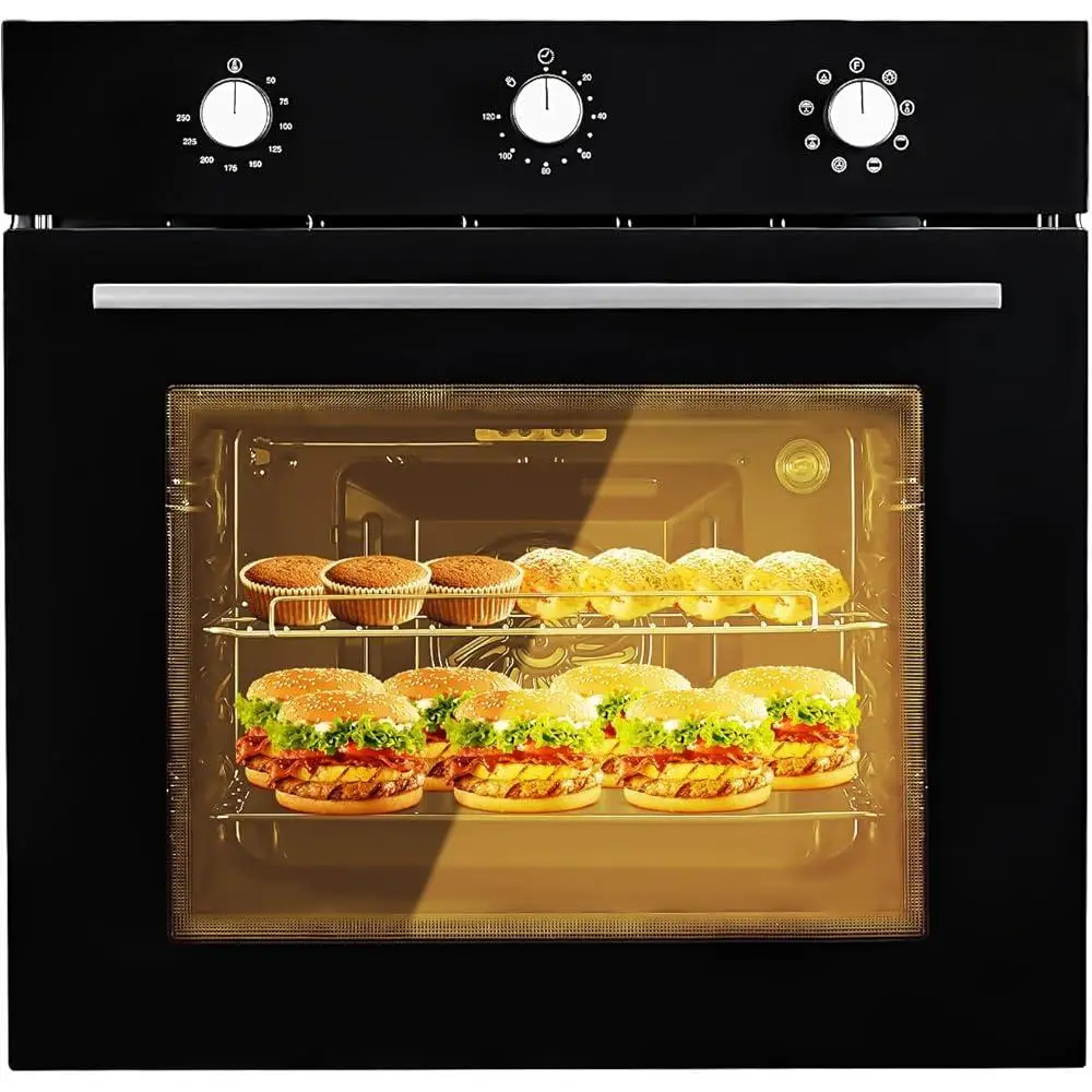 24 Inch Electric Wall Oven 3000W Built In 5 Cooking Functions Convection Double Layer Glass Door Kitchen Device