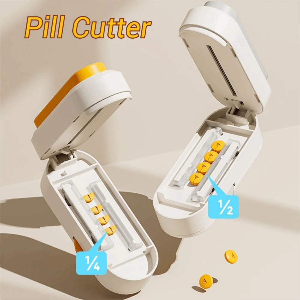 2 في 1 صندوق تخزين حبوب منع الحمل مقاوم للغبار نصف/رباع قاطعة حبوب منع الحمل المحمولة مع فرشاة تنظيف موزع أقراص قابل للتعديل