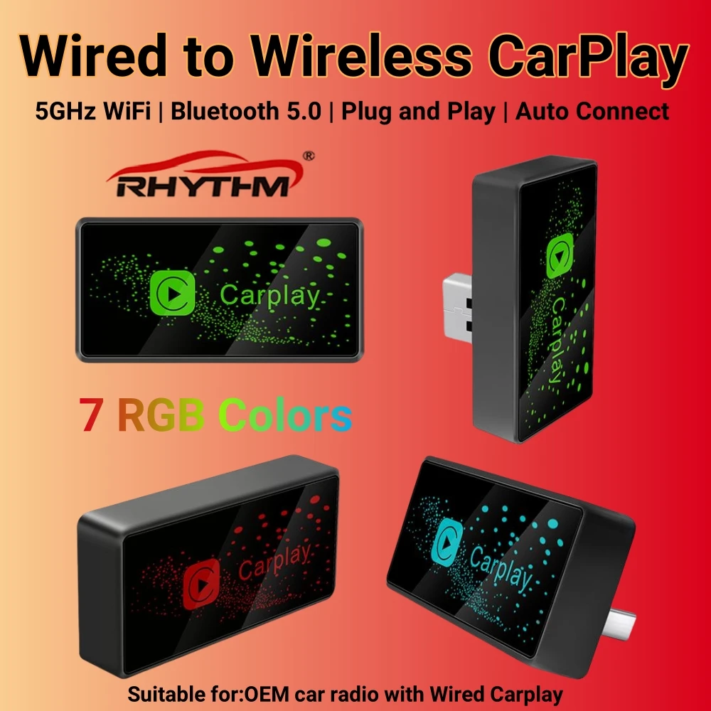 New Smart RGB Carplay AI Box for Apple Mini Car Play Wireless Adapter Car OEM Wired CarPlay To Wireless USB Dongle Plug and Play