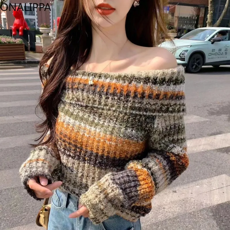 Onalippa Mixed Color Oil Painting Sweater Women Exposed Collarbone Slash Neck Knitted Pullover Korean Sweet Long-sleeve Sweaters