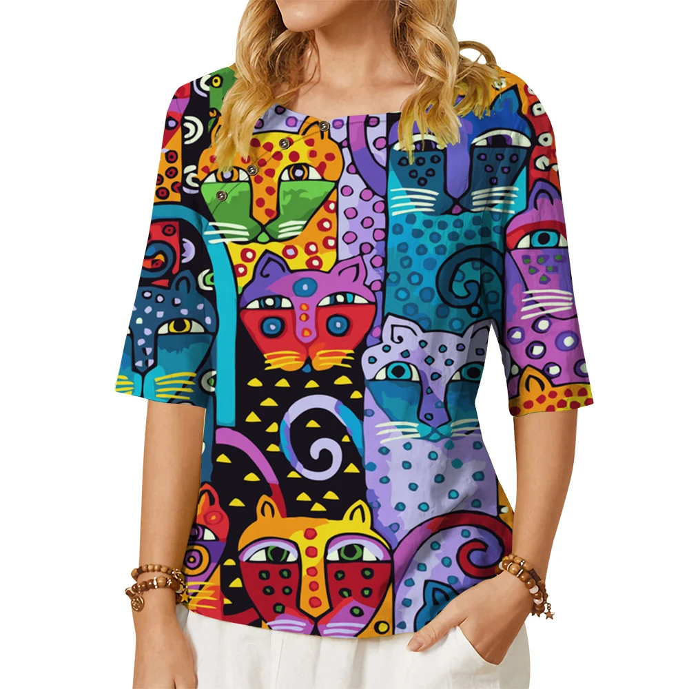 

CLOOCL Fashion Women T-shirt Colorful Funny Tiger Printed Tees Button Decorate Loose Middle Sleeve Blouse Harajuku Casual Tops